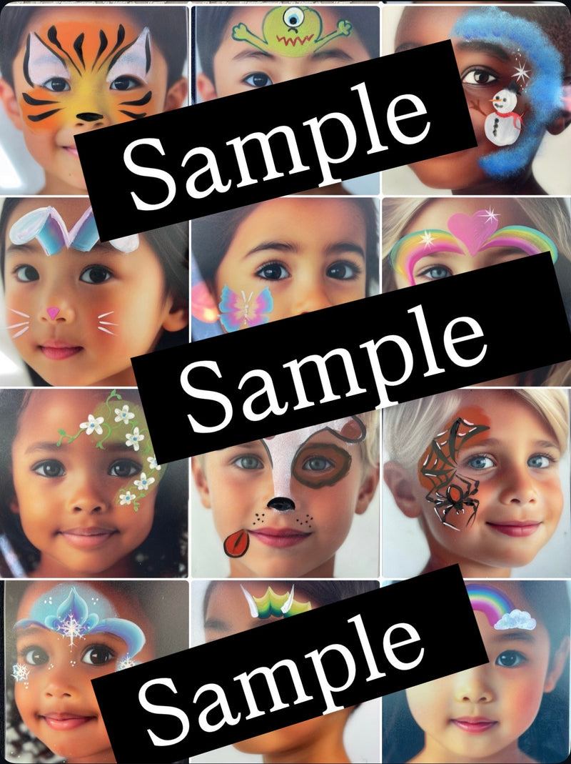 Practice and Design bundle laminated design of 12 pre painted photos includes a face paint A4 menu of all 12 choice board