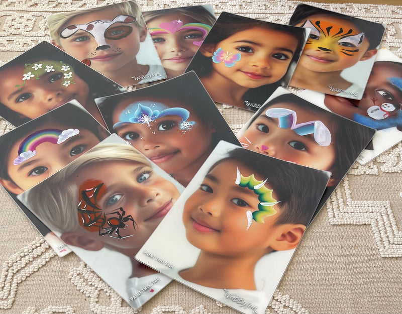 Practice and Design bundle laminated design of 12 pre painted photos includes a face paint A4 menu of all 12 choice board